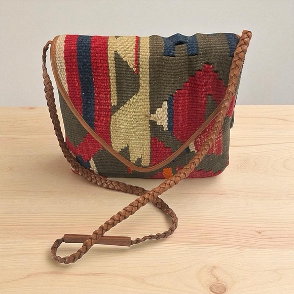 American Angel Kilim Tribal Shoulder Bag 9”L x 7.”H x 3”W bottom 17” Strap